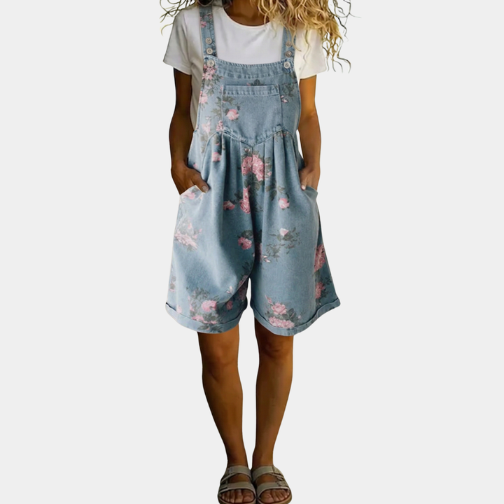 Judy | Vintage Washed Soft Cotton Feel Denim Květinový Overal