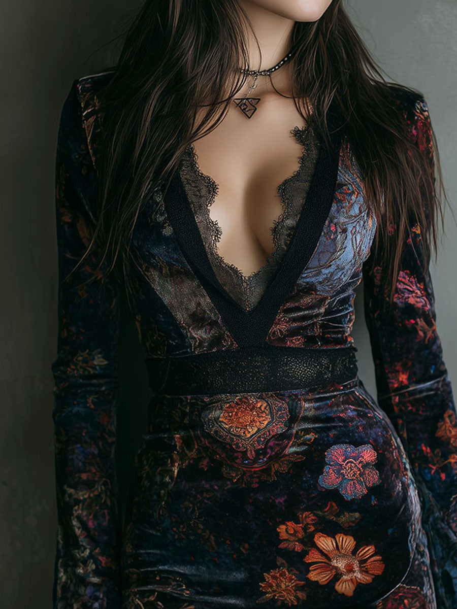 Marisol™ | Boho květinové sametové mini šaty