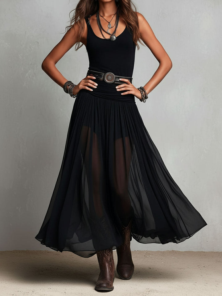 Abito Maxi Stretchy Černé Boho Western s Transparentní Sukní