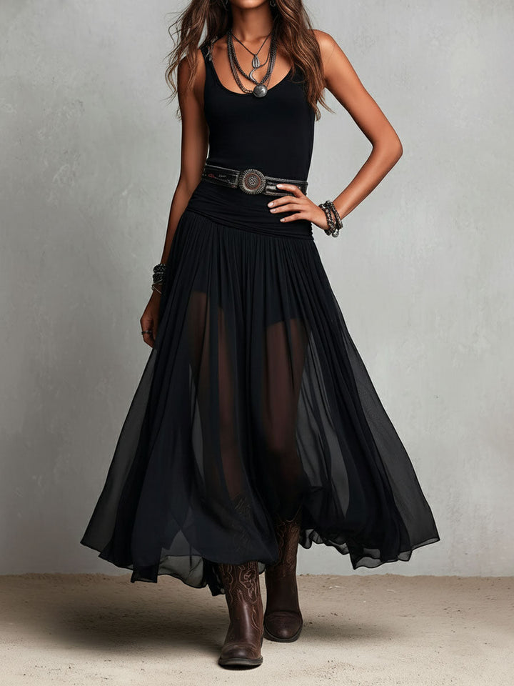 Abito Maxi Stretchy Černé Boho Western s Transparentní Sukní