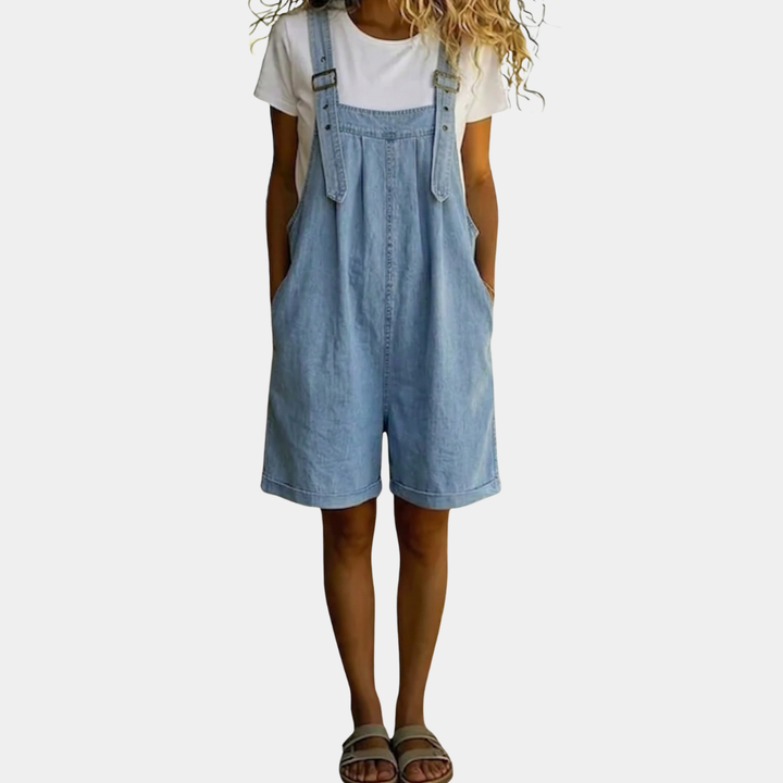 Clara™ | Vintage Washed Soft Cotton Feel Denim Short Overall Světle modrá