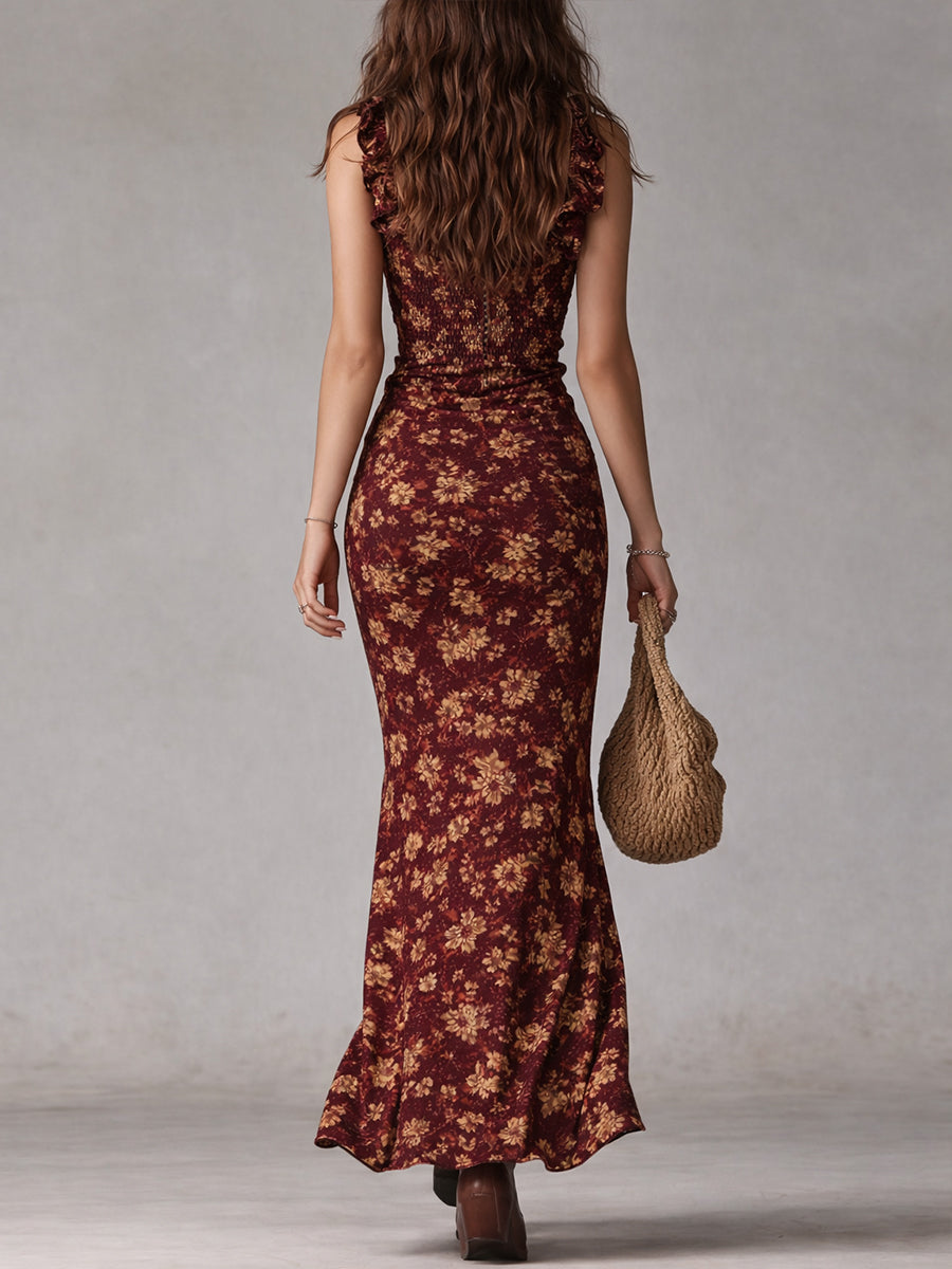 Maya™ | Boho Retro Maxi Šaty s Volánkovými Rukávy a Vysokým Rozparkem