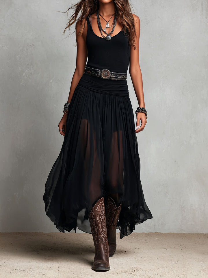 Abito Maxi Stretchy Černé Boho Western s Transparentní Sukní