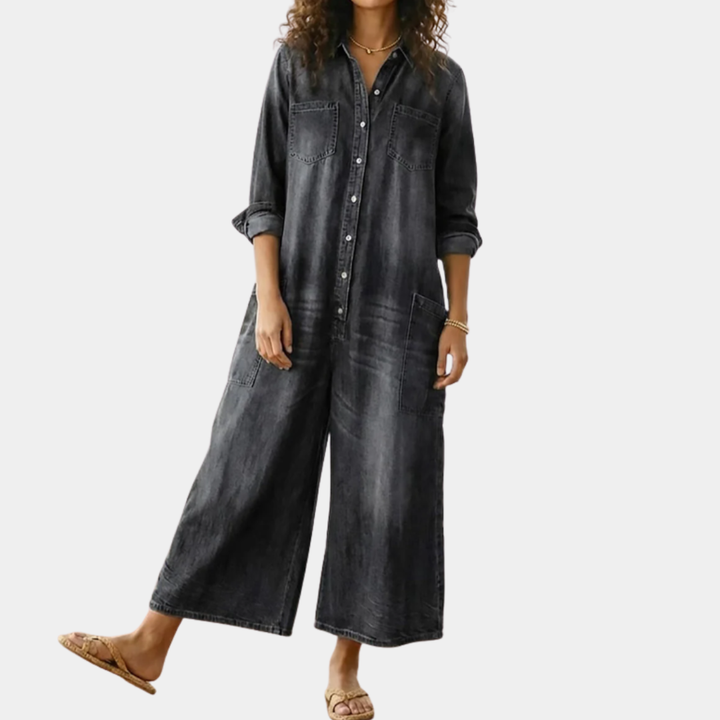 Diana | Vintage praný měkký bavlněný denim overal s knoflíkovým zapínáním