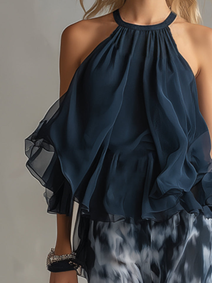 Ludovica | Elegantní v chiffon s topem s vysokým límcem a širokými tištěnými kalhotami
