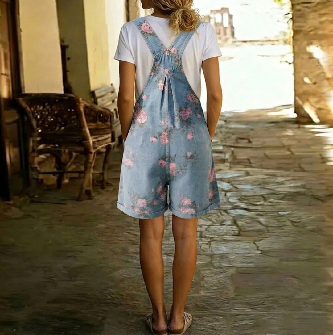 Judy | Vintage Washed Soft Cotton Feel Denim Květinový Overal