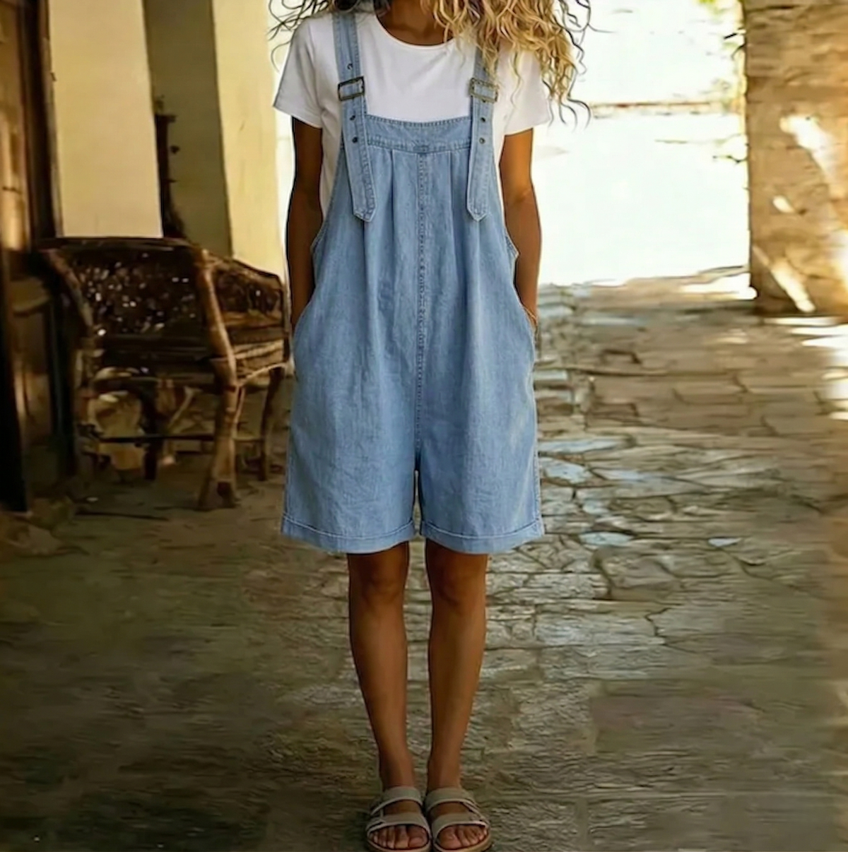 Clara | Vintage oprana mekana pamukasta denim kratka kombinezon svijetloplava