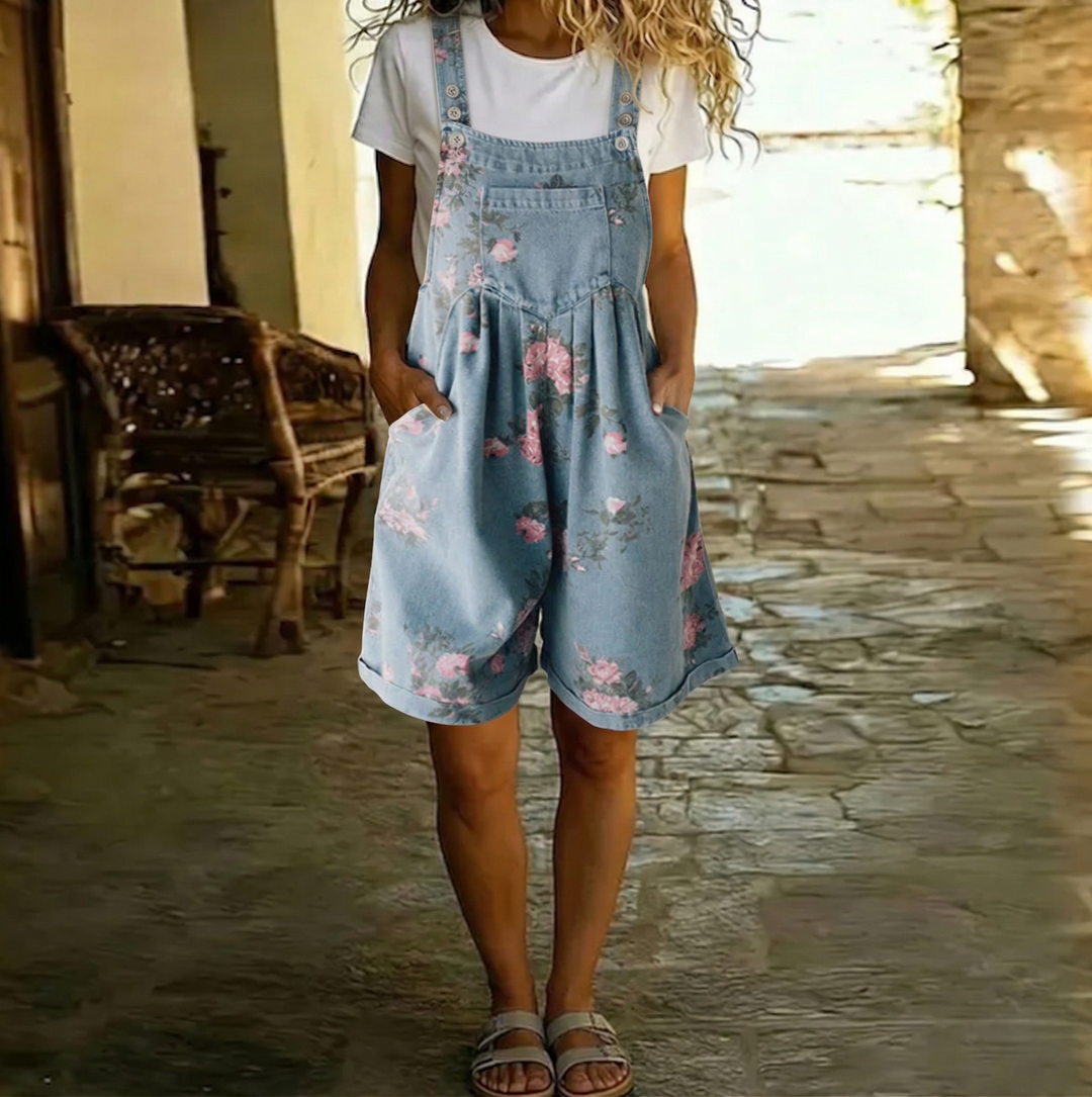 Judy | Vintage Washed Soft Cotton Feel Denim Květinový Overal