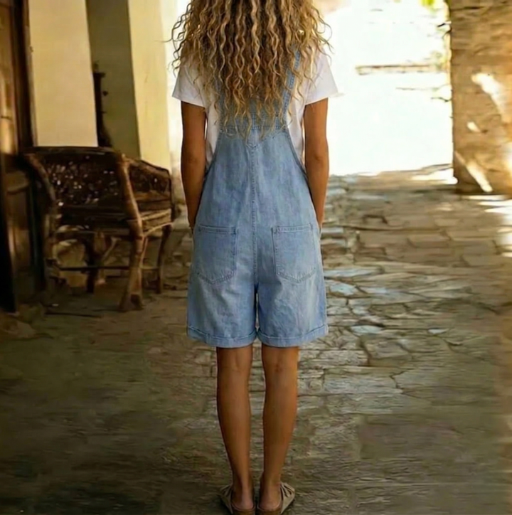 Clara™ | Vintage Washed Soft Cotton Feel Denim Short Overall Světle modrá