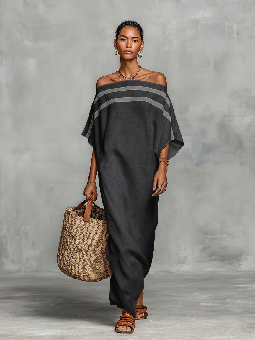 Maxi minimalistické šaty pro ženy s off-the-shoulder výstřihem a křídly