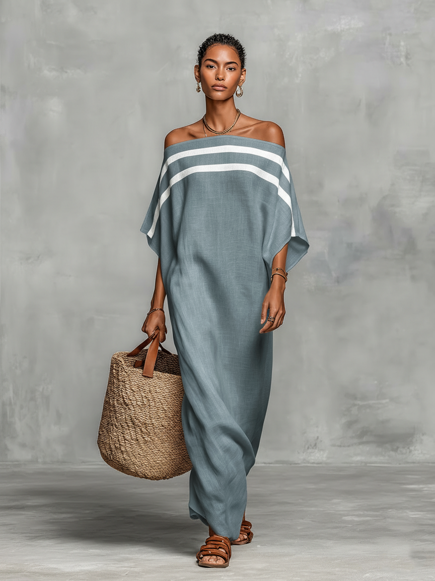 Maxi minimalistické šaty pro ženy s off-the-shoulder výstřihem a křídly