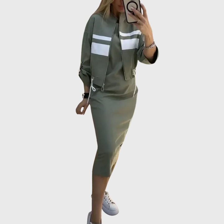 Karina™ | Sportovní dvoudílný set se zip topem a midi sukní