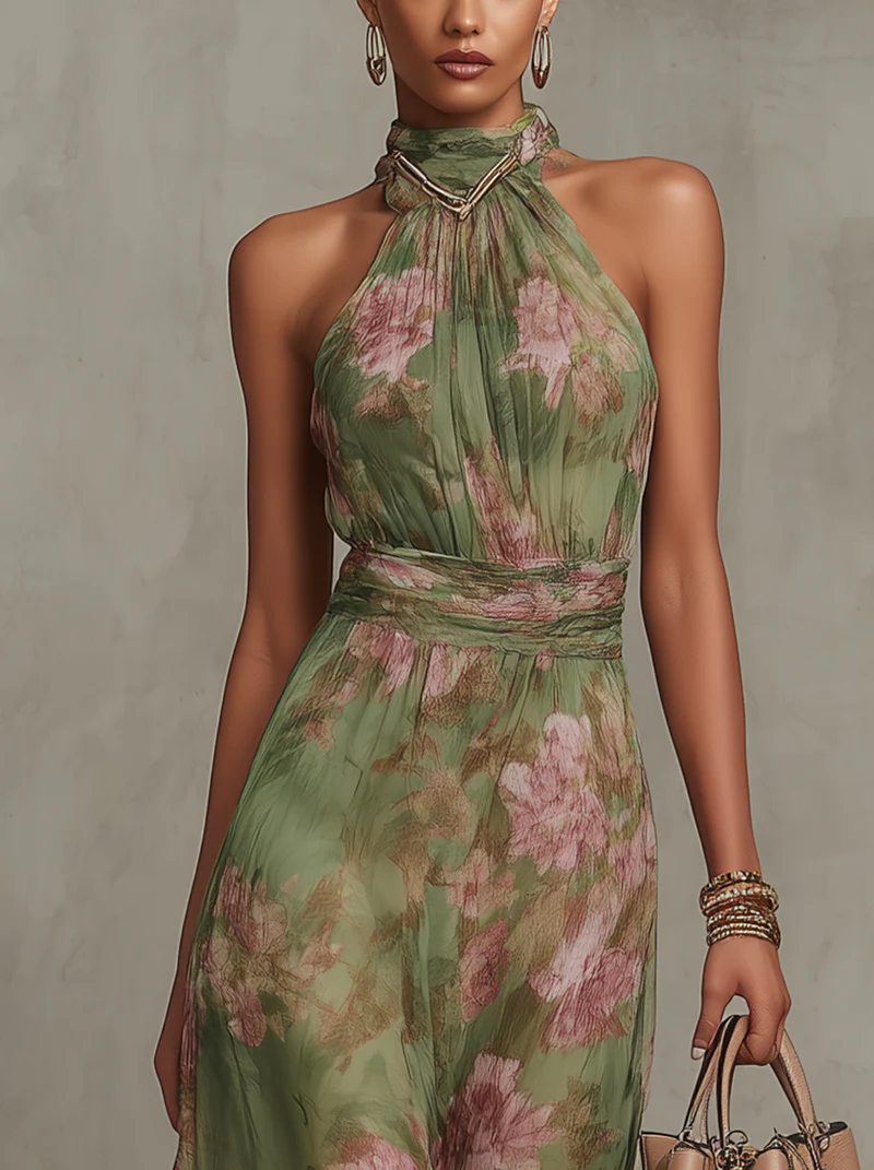 Livia™| Elegantní květinové maxi šaty s halter výstřihem