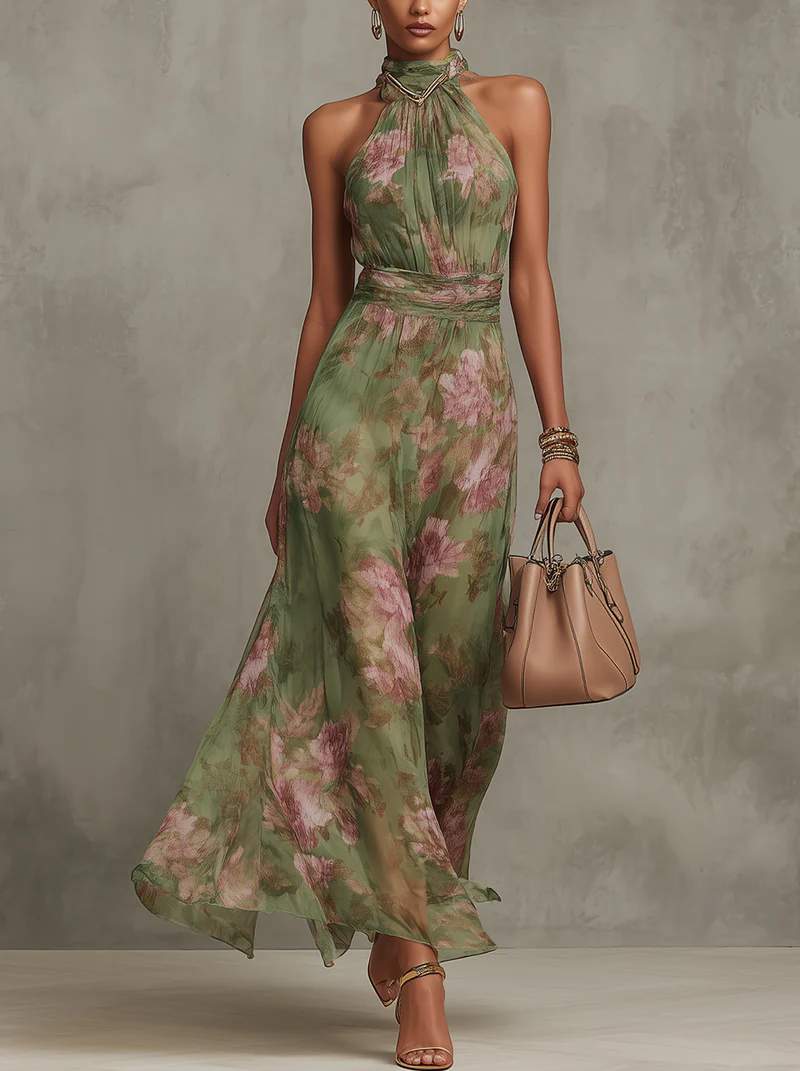 Livia™| Elegantní květinové maxi šaty s halter výstřihem