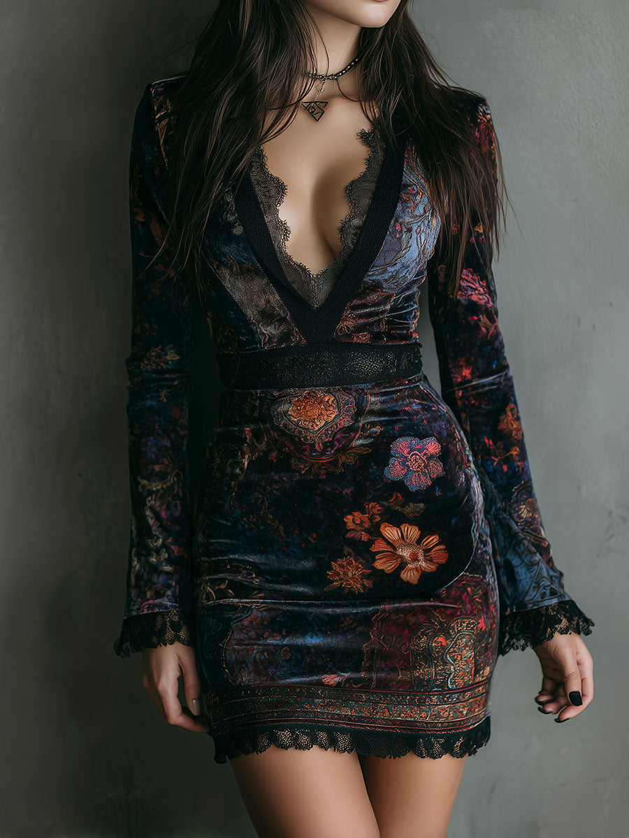 Marisol™ | Boho květinové sametové mini šaty