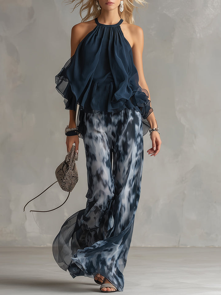 Ludovica | Elegantní v chiffon s topem s vysokým límcem a širokými tištěnými kalhotami