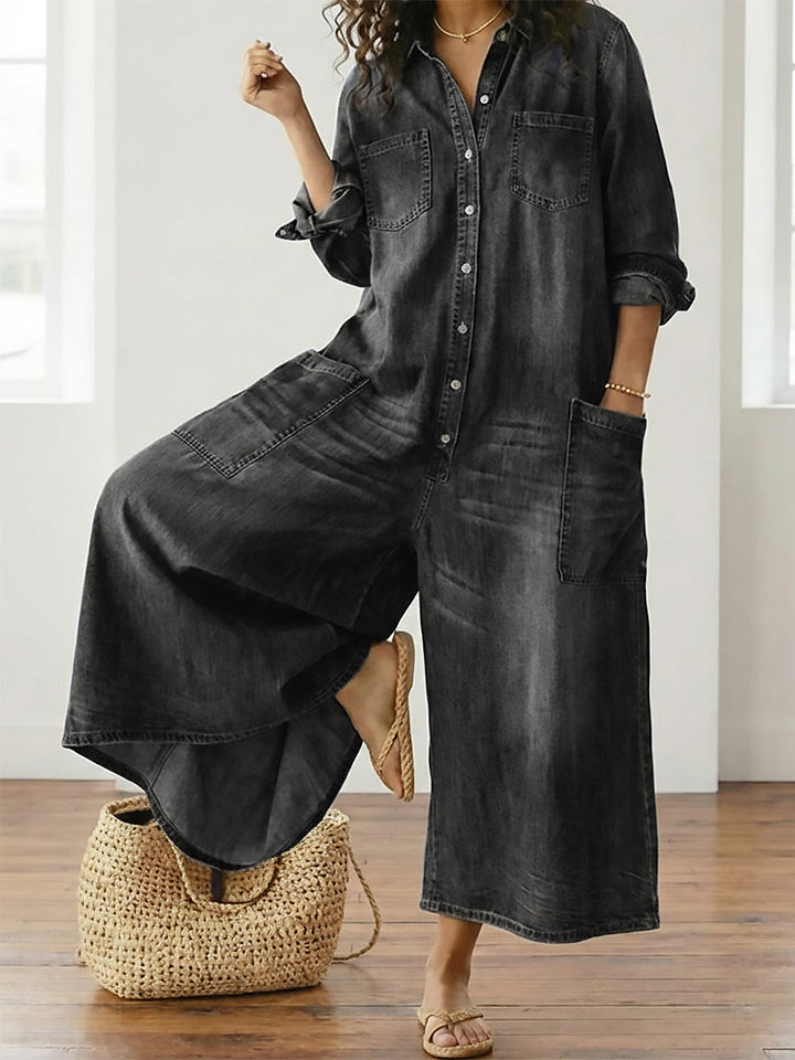 Diana | Vintage praný měkký bavlněný denim overal s knoflíkovým zapínáním