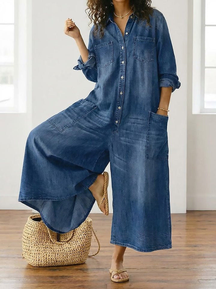 Diana | Vintage praný měkký bavlněný denim overal s knoflíkovým zapínáním