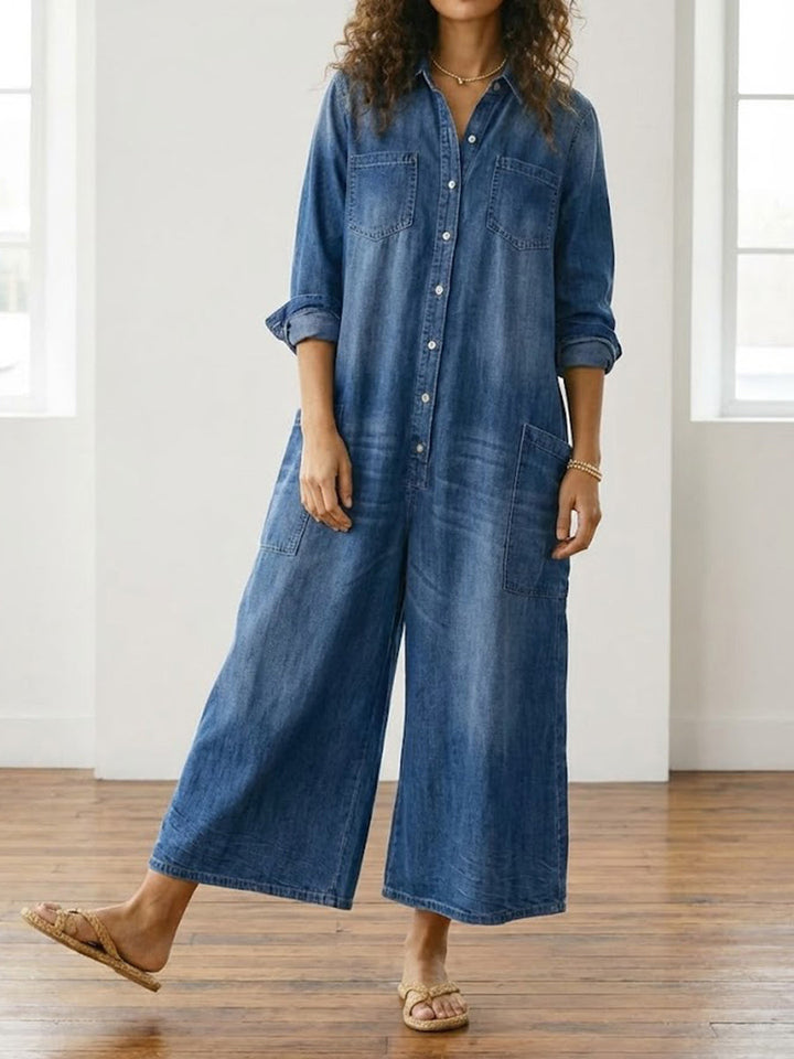 Diana | Vintage praný měkký bavlněný denim overal s knoflíkovým zapínáním
