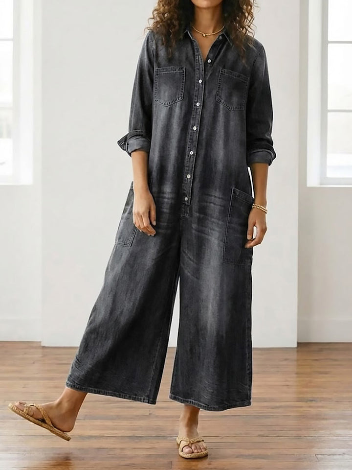 Diana | Vintage praný měkký bavlněný denim overal s knoflíkovým zapínáním