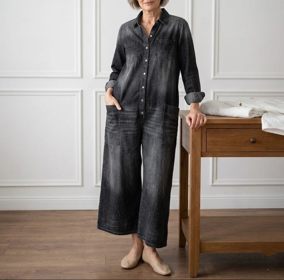Diana | Vintage praný měkký bavlněný denim overal s knoflíkovým zapínáním
