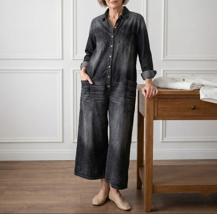 Diana | Vintage praný měkký bavlněný denim overal s knoflíkovým zapínáním