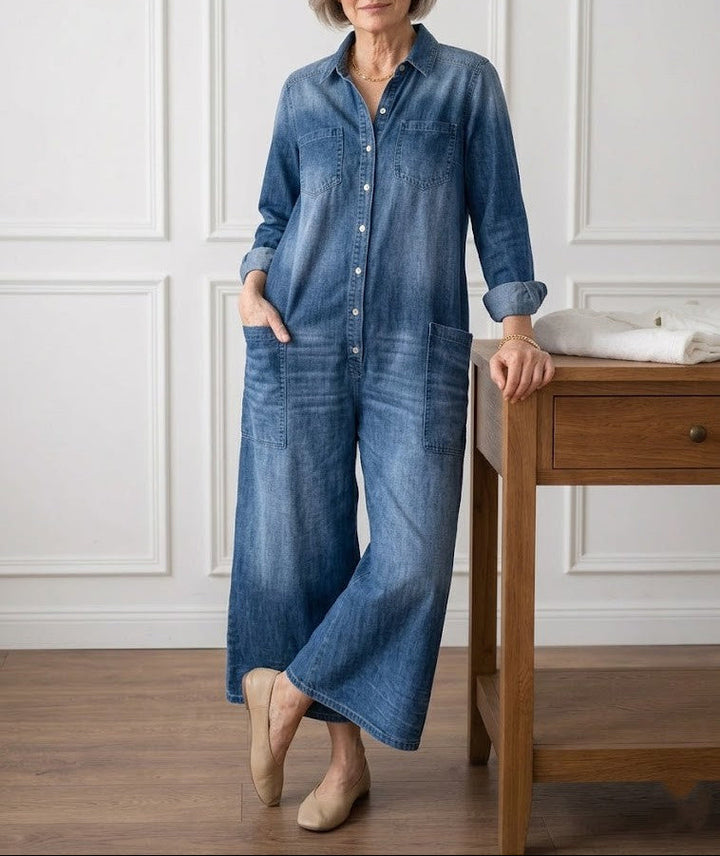 Diana | Vintage praný měkký bavlněný denim overal s knoflíkovým zapínáním